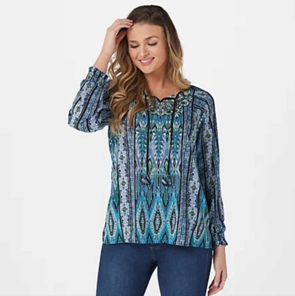 Belle by Kim Gravel Blue Boho Style Pullover Blouse Size 2X